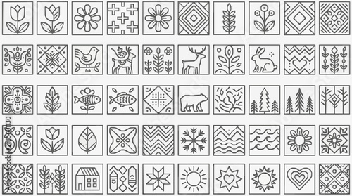 Diverse Collection of Nature Inspired and Symbolic Line Art Icons