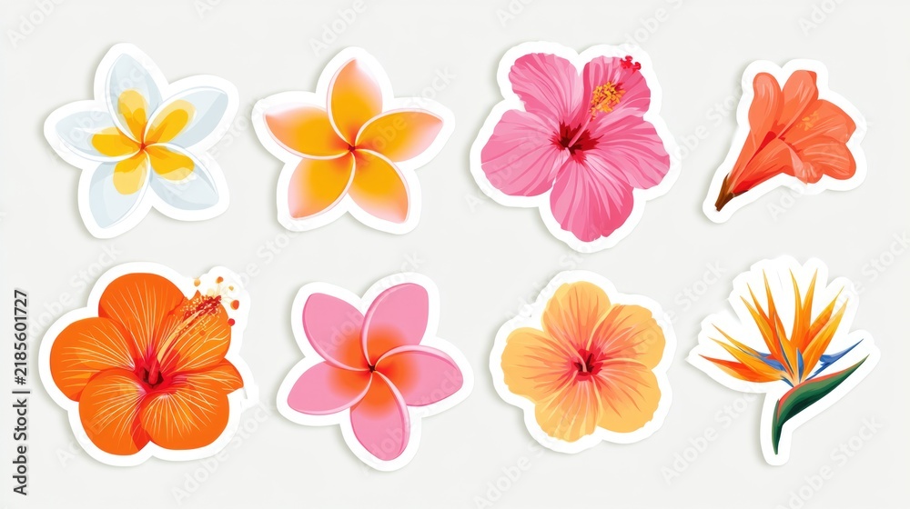 Obraz premium Colorful tropical flower stickers featuring hibiscus, plumeria, and bird of paradise designs on a white background.