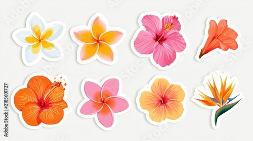 Colorful tropical flower stickers featuring hibiscus, plumeria, and bird of paradise designs on a white background.