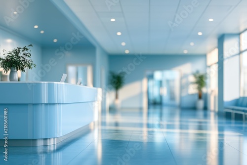 A modern, spacious, and well-lit reception area with blue tones, plants, and large windows creating a clean and welcoming atmosphere.