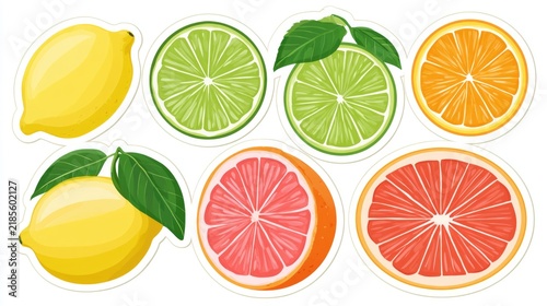 Illustration of various citrus fruits including lemons, limes, oranges, and grapefruits, shown whole and sliced with leaves.