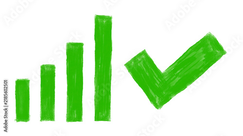 Positive Growth Chart and Check Mark: A hand-drawn green chart depicts an upward trend in growth, accompanied by a bold green check mark, symbolizing success and completion.