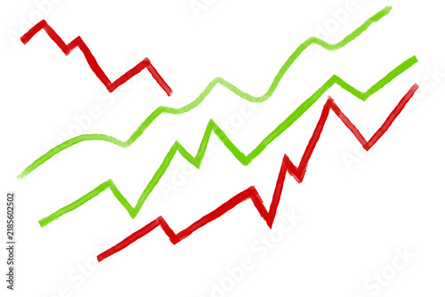 Rising and Falling Trends: Dynamic lines in green and red depict fluctuating market trends, illustrating growth and decline in a simple, graphic representation.
