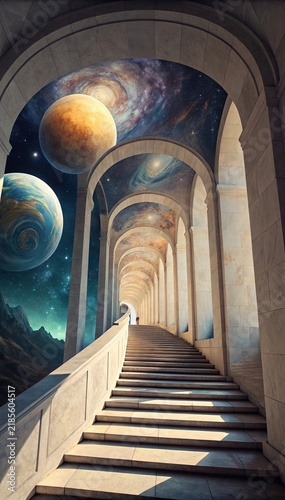 Ancient stone arches and corridors in historic medieval architecture with space and planets, surreal landscape
