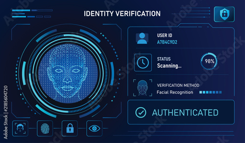 Facial recognition identity verification concept interface featuring dotted 3D head scan with HUD circle frame security status and biometric icons on dark blue background