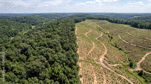 Quadro su tela Aerial view of a vast forest adjacent to a newly planted tree farm with winding