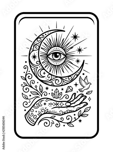 Mystical Crescent Moon Eye Symbol with Hand, Crystals, and Bird