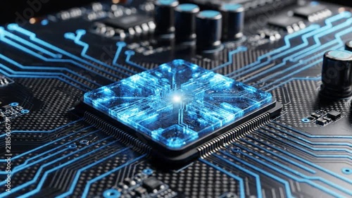 Futuristic glowing CPU chip with glowing blue circuits on a dark motherboard, technology concept
