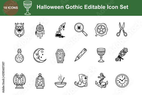 Halloween Gothic Editable Icon Set With Spooky Witchcraft Potion Moon Coffin Skull Spider And Mystical Symbols