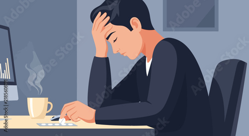 Exhausted Businessman Taking Pills At Desk With Steaming Coffee