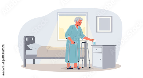 Elderly Woman With Walker Reaches For Water In Bedroom