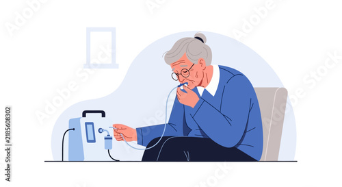 Elderly Woman Using Nebulizer For Respiratory Treatment At Home