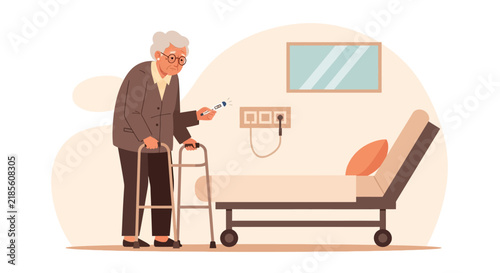 Elderly Woman With Walker In Hospital Room Checks Temperature