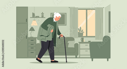 Elderly Woman Walking With Cane Carrying Blanket Indoors