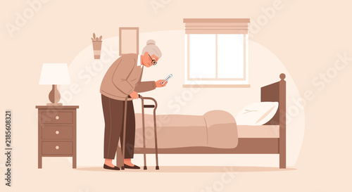 Elderly Woman With Walker Uses Smartphone In Bedroom Setting
