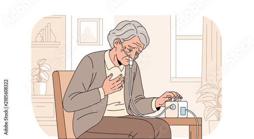 Elderly Woman Using Oxygen Therapy Machine At Home For Breathing Support