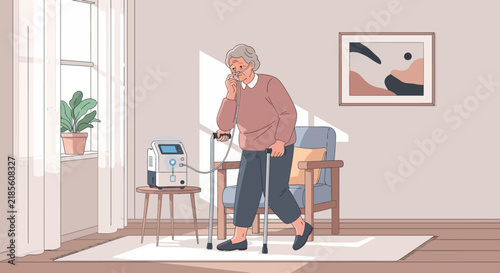 Elderly Woman Walks With Oxygen Concentrator And Cane Indoors