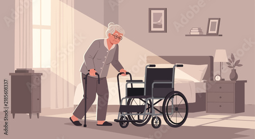 Elderly Woman With Cane And Wheelchair Assisted Living Scene
