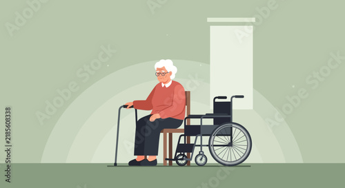 Elderly Woman With Cane And Wheelchair Depicting Aging And Care Needs