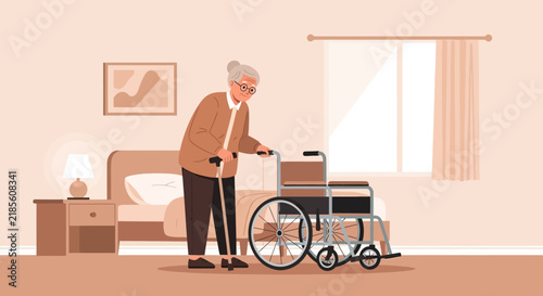 Elderly Woman With Cane And Wheelchair In A Bedroom Setting