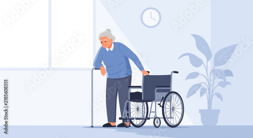 Elderly Woman With Cane And Wheelchair In A Clean Room