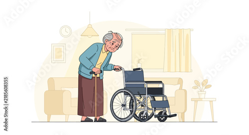 Elderly Woman With Cane And Wheelchair In A Cozy Living Room