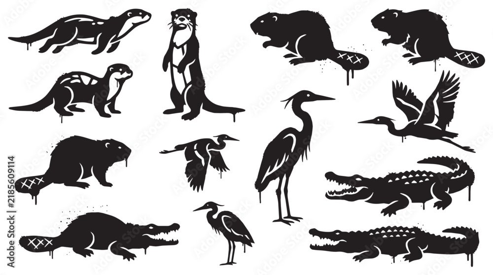 Fototapeta premium River animal stencil vector set with graffiti spray paint effects and silhouettes.