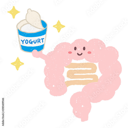 ヨーグルトを手に持つかわいい腸のキャラクター
