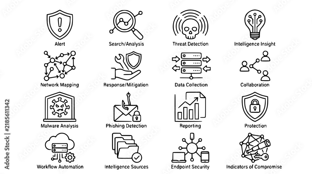 Fototapeta premium Cybersecurity Icons: Black and White Line Art Symbols for Threat Detection, Network Security, and Data Analysis