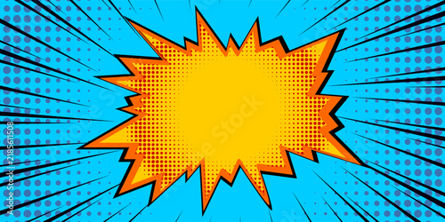 colorful retro comic book style background featuring a central speech bubble explosion and lightning bolts, with halftone patterns and action lines.