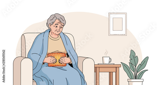 Elderly Woman Finding Comfort With A Hot Water Bottle And Warm Drink