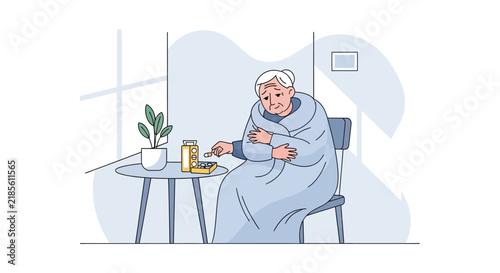 Elderly Woman Feeling Unwell Wrapped In Blanket Taking Medication
