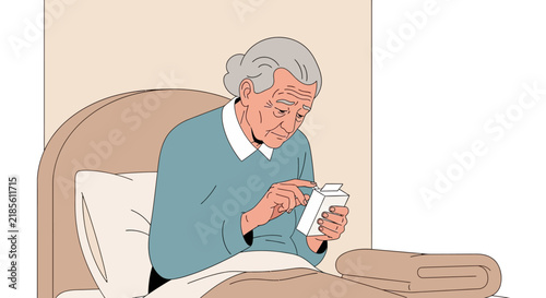 Elderly Woman In Bed Using Mobile Phone With Concentration And Care