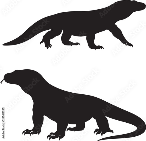 Komodo dragons walking black silhouette vector set