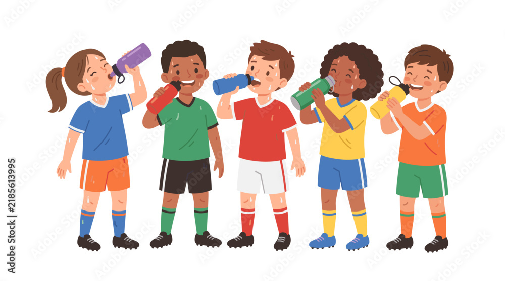 Obraz premium Diverse group of children in sports uniforms drinking water from bottles