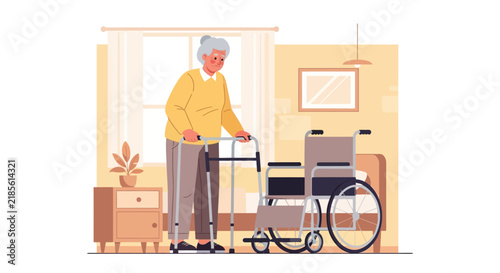 Elderly Person Using Walker Next To Wheelchair In Room