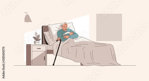 Elderly Person Resting In Bed With Cane And Nightstand