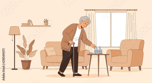 Elderly Person With Cane Carefully Reaching For Medication Box