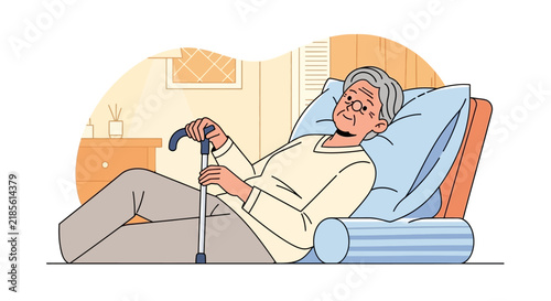 Elderly Person Resting Peacefully Indoors With Cane