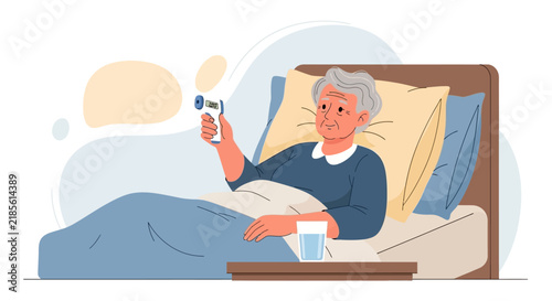Elderly Person Sick In Bed Taking Temperature