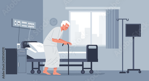 Elderly Person With Cane In Hospital Room Standing By Bed