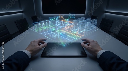 Futuristic logistics and fleet management concept with electric delivery trucks in a smart city hologram projected from a tablet in a boardroom for sustainable transportation and supply chain.