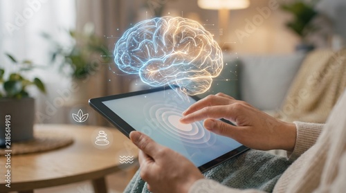 Digital mental health and wellness concept with person using tablet at home for mindfulness meditation and stress relief featuring a glowing brain hologram for cognitive health and therapy