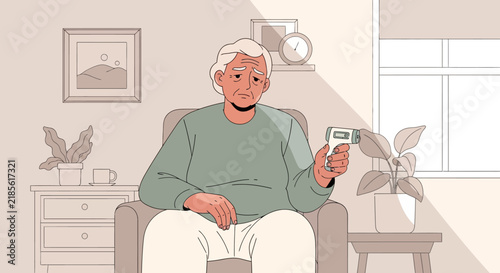 Elderly Person Feeling Unwell Holding Digital Thermometer Indoors