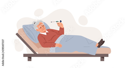 Elderly Person Feeling Unwell Holding Thermometer in Bed