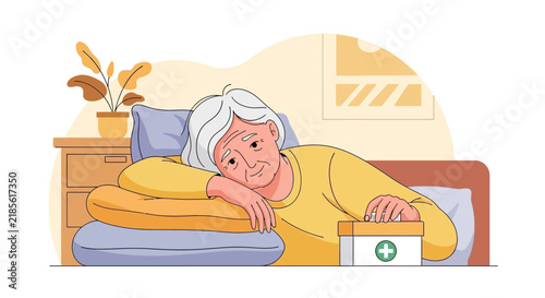 Elderly Person Feeling Unwell In Bed With Medicine