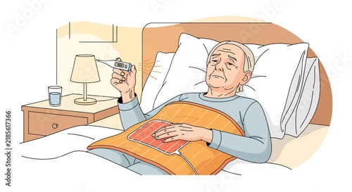 Elderly Person Feeling Unwell In Bed With Thermometer And Hot Water Bottle