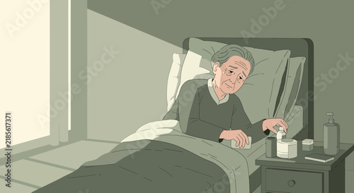 Elderly Person Feeling Unwell Lying In Bed With Medication Close By