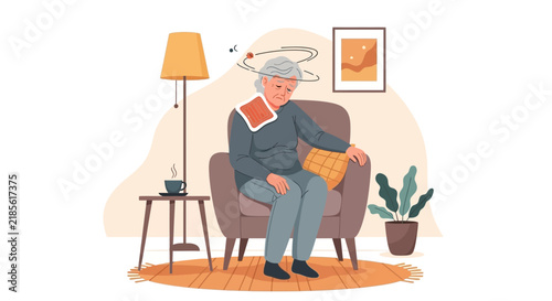 Elderly Person Experiencing Vertigo And Dizziness While Sitting In Armchair