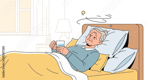Elderly Person Feeling Unwell Lying In Bed Holding A Glass Of Water